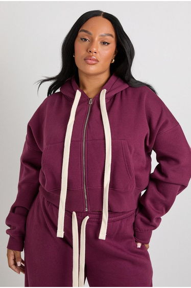 Plus Contrast Drawcord Boxy Crop Hoodie - burgundy