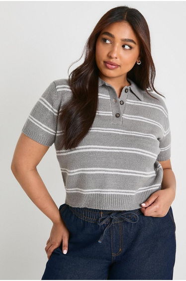 Plus Collar Detail Stripe Knit Top