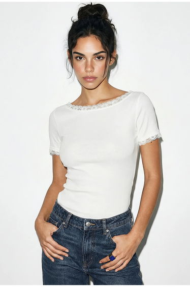 LUCCI Slim-fit Boat Neck Lace Blouse