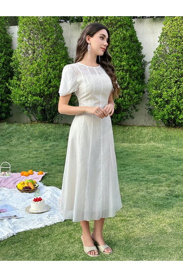 Women White Puff Sleeve Midi Dress