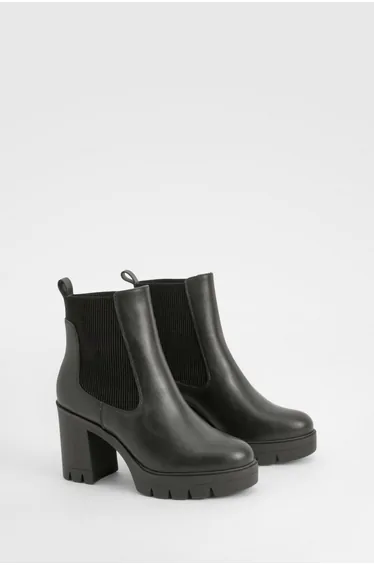 Wide Fit Textured Chunky Heeled Chelsea Boot - black