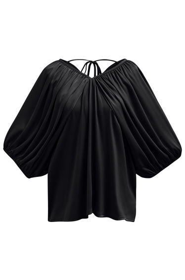 Whimsical Puff Sleeve V-Neck Top in Black