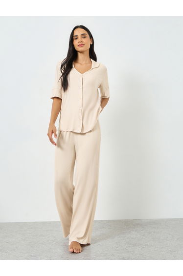 Beige Viscose Ribbed Buttoned Shirt and Pyjama Set