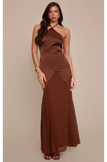 Chocolate Halterneck Contrast Maxi Dress