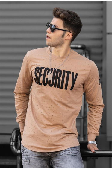 Camel Ripped Detailed Printed Sweatshirt