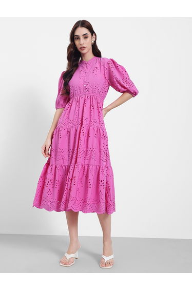 Cutwork Pattern A-Line Midi Dress with Cuffed Sleeve