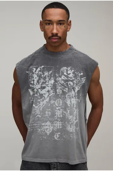 Washed Charcoal Oversized Gothic Doodle Print Spray Wash Tank - washed charcoal