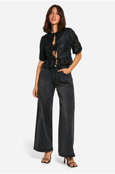 Burnout Volume Sleeve Tie Front Blouse