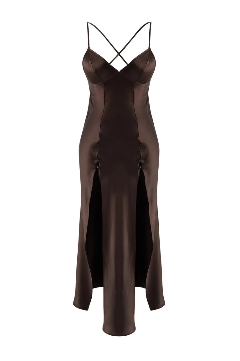 Brown Single 100% Polyester Plain Slit Satin Woven Nightgown - 3