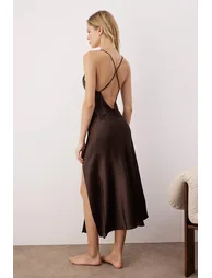 Brown Single 100% Polyester Plain Slit Satin Woven Nightgown - 2