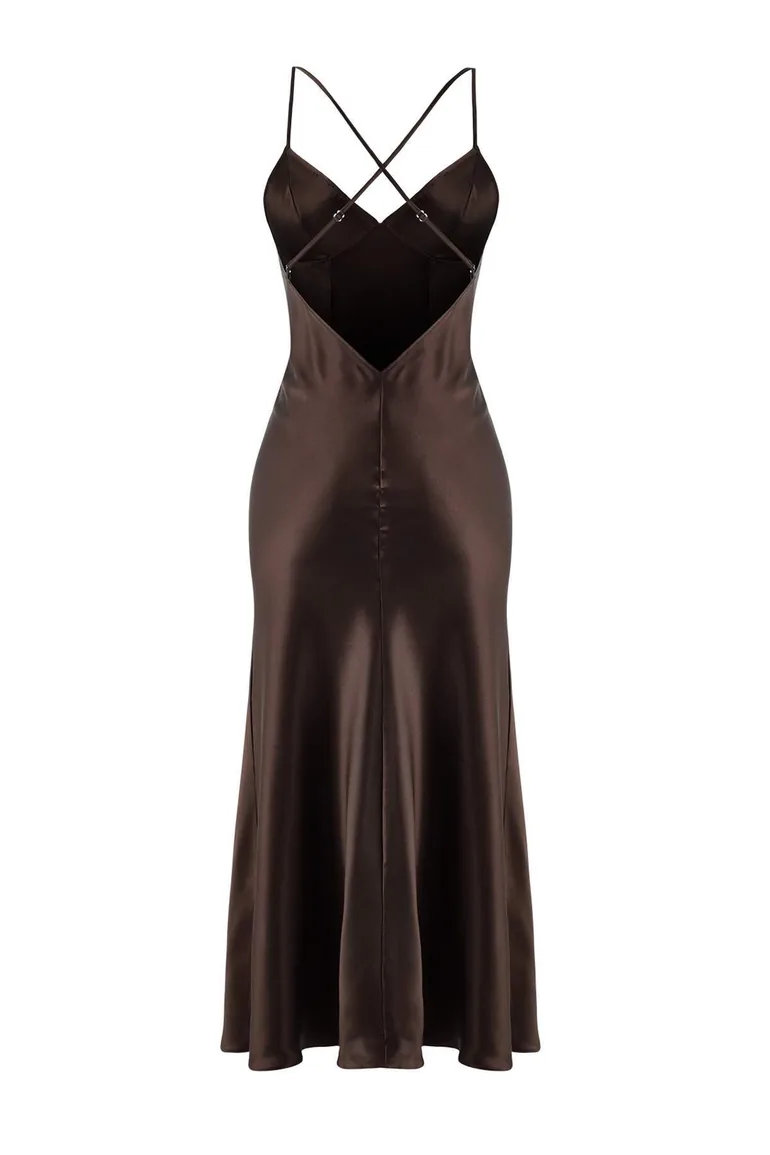 Brown Single 100% Polyester Plain Slit Satin Woven Nightgown - 4