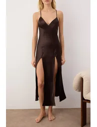 Brown Single 100% Polyester Plain Slit Satin Woven Nightgown - 5