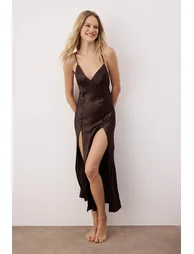 Brown Single 100% Polyester Plain Slit Satin Woven Nightgown