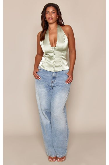 Shape Sage Green Satin Button Halterneck Top