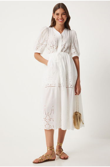 Women's White V Neck Pleated Scallop Summer Dress