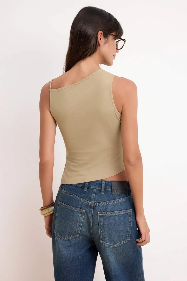 Mink Fitted/Bodycon Asymmetric Neckline Sleeveless Cotton Stretchy Knitted Blouse - 3