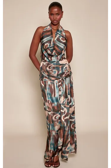 Blue Multi Abstract Cowl Neck Tie Front Maxi Dress