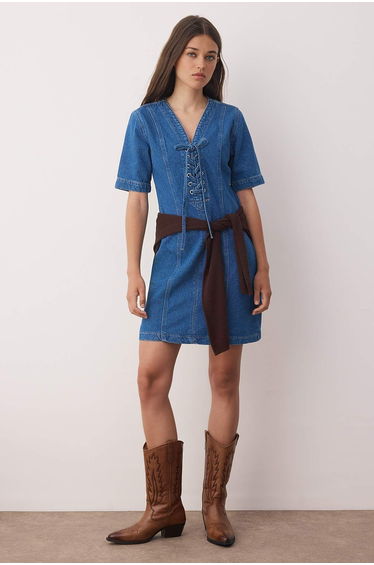 Blue Eyelet Detailed Mini Denim Dress