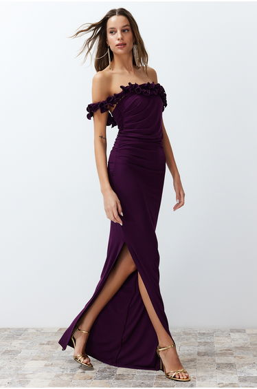 Damson Fitted Knitted Long Evening Evening Dress