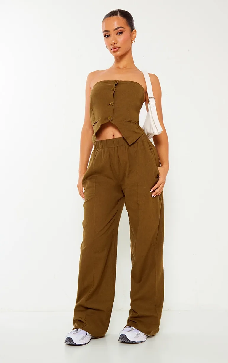 Petite Khaki Faux Linen Bandeau Button Long Top - 2
