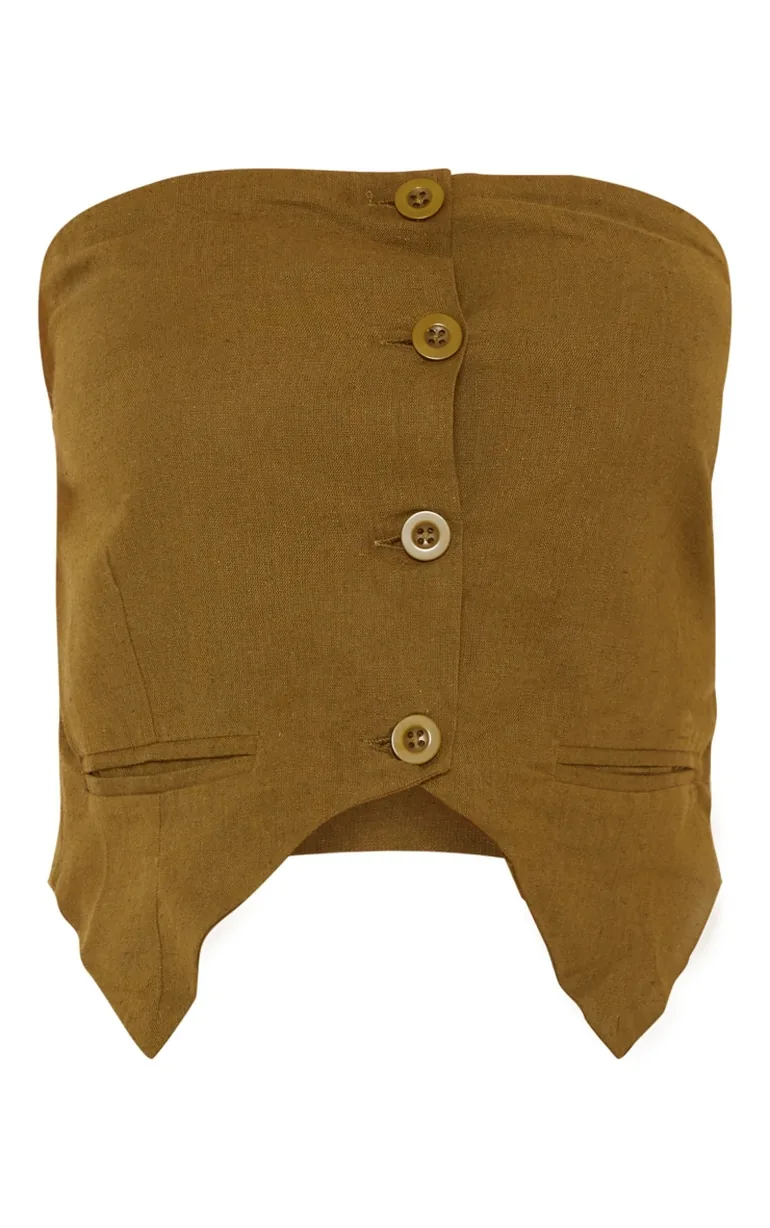 Petite Khaki Faux Linen Bandeau Button Long Top - 4
