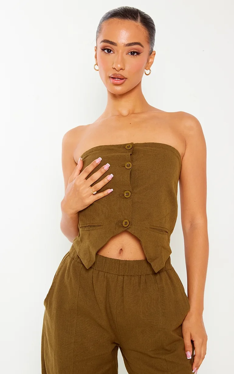 Petite Khaki Faux Linen Bandeau Button Long Top