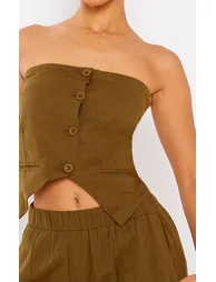 Petite Khaki Faux Linen Bandeau Button Long Top - 3