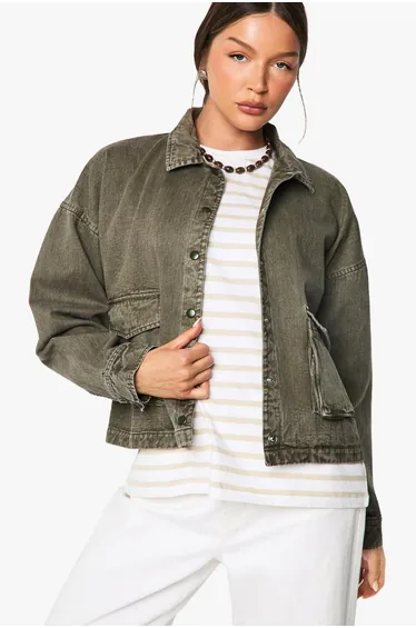 Button Detail Washed Jacket - khaki