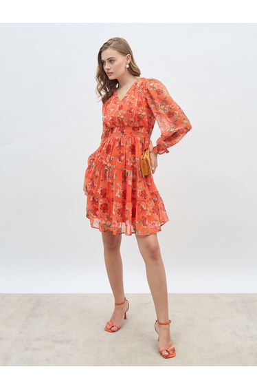 All-Over Floral Print V Neck A-Line Knee Length Dress