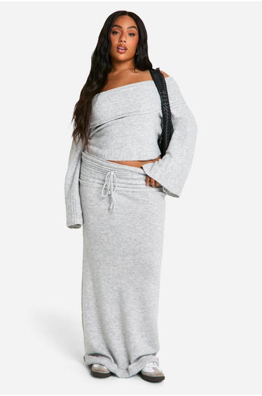 Plus Rib Edge Lace Up Knitted Floor Length Skirt - grey