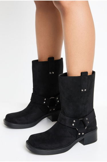 Faux Suede Harness Detail Biker Boots - black