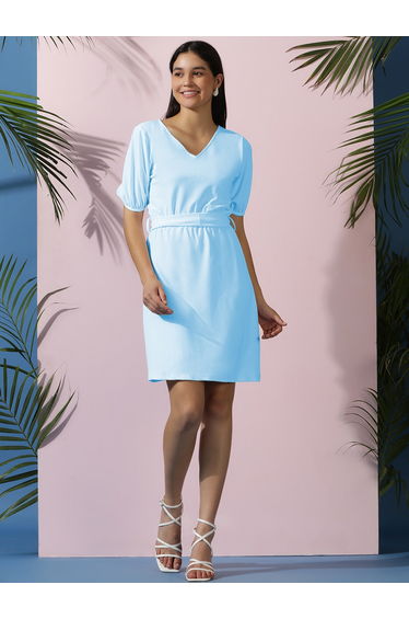V Neck Puff Sleeves A-Line Mini Dress