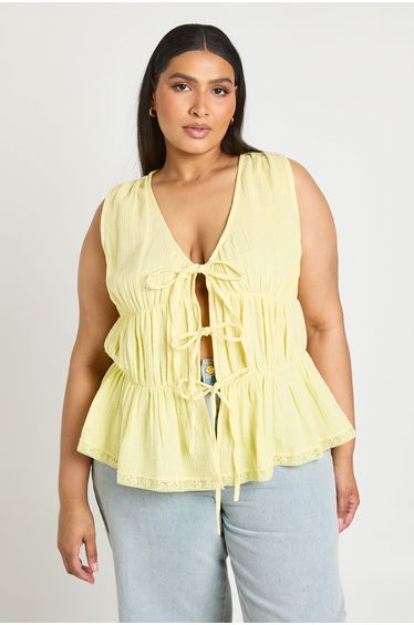 Plus Cheesecloth V neck Shirred Peplum Top - lemon