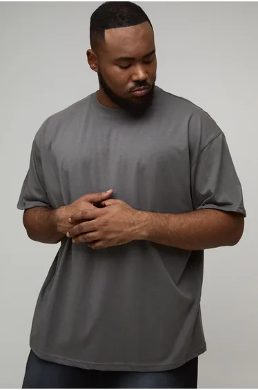 تيشيرت بتصميم واسع بطبعة شعار لون رمادي - للمقاسات الكبيرة