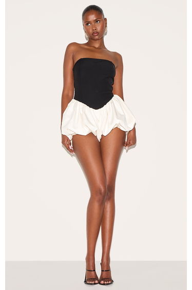 Black Contrast Woven Bandeau Puffball Playsuit