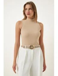 Women's Tile Cream Turtleneck Sleeveless 2 Pack Knitted Blouse - 4