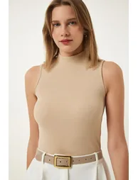 Women's Tile Cream Turtleneck Sleeveless 2 Pack Knitted Blouse - 5