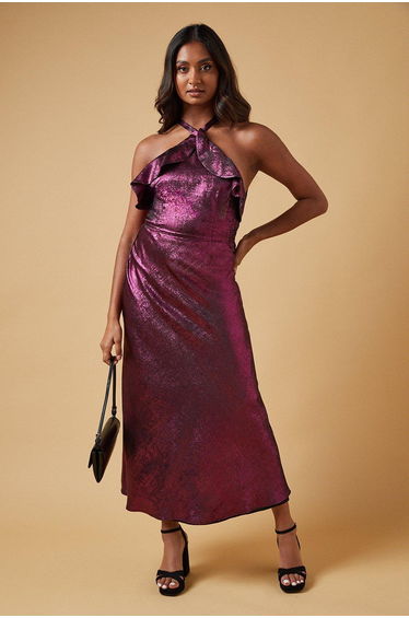 Foil Halterneck Ruffle Foil Midaxi Dress