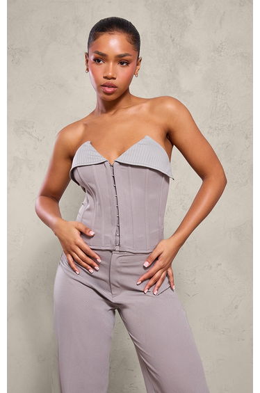 Grey Woven Hook & Eye Seam Detail Fold Over Hem Bandeau Corset