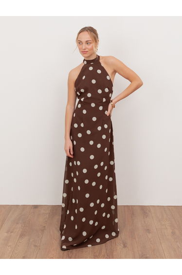 Anaya With Love Recycled Brown Polka Dot Halter Neck & Open Back Maxi Dress