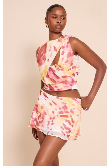Purple Abstract Print Chiffon Backless High Neck Top