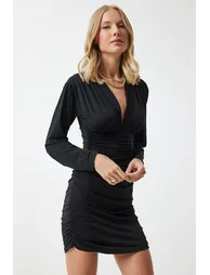 Women's Black Deep V-Neck Pleated Mini Jersey Dress - 1