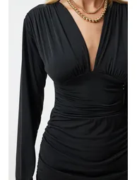 Women's Black Deep V-Neck Pleated Mini Jersey Dress - 3