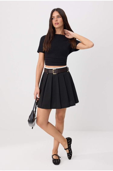 Black Belted Pleated Mini Skirt with Shorts Inside