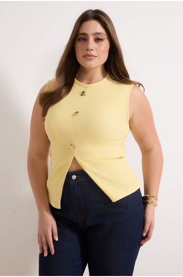 Yellow Accessory Buttoned Crew Neck Regular Length Vest Knitted Blouse