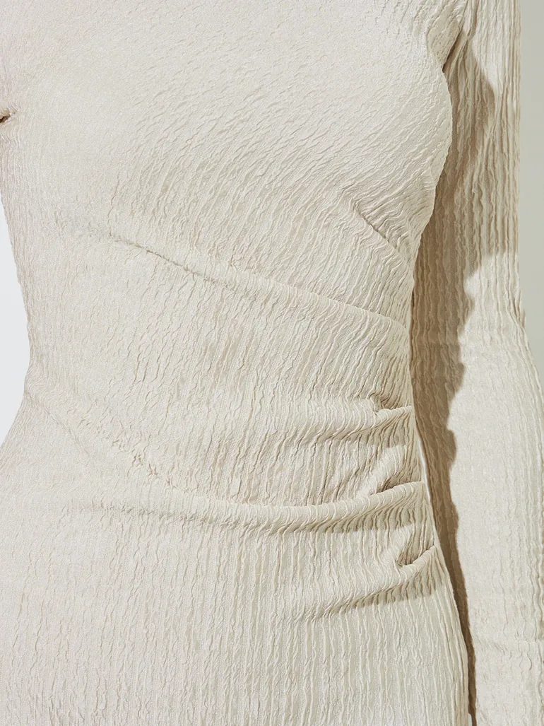 Off White Textured Long Sleeve Maxi Dress - 4