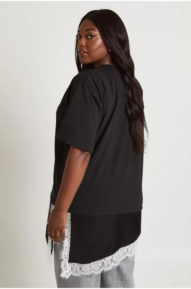 Plus Contrast Lace Satin Hem T-Shirt - black