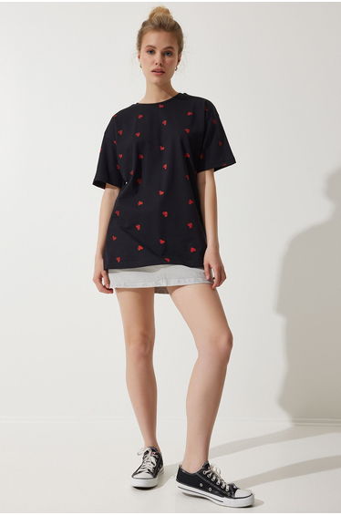 Women's Black Heart 100% Cotton Oversize Long Knitted T-Shirt
