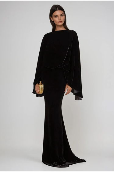 Dixon Cape Sleeve Velvet Maxi Dress In Black