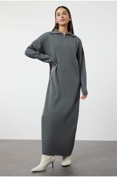 Smoked Collar Zippered Knitwear Dress